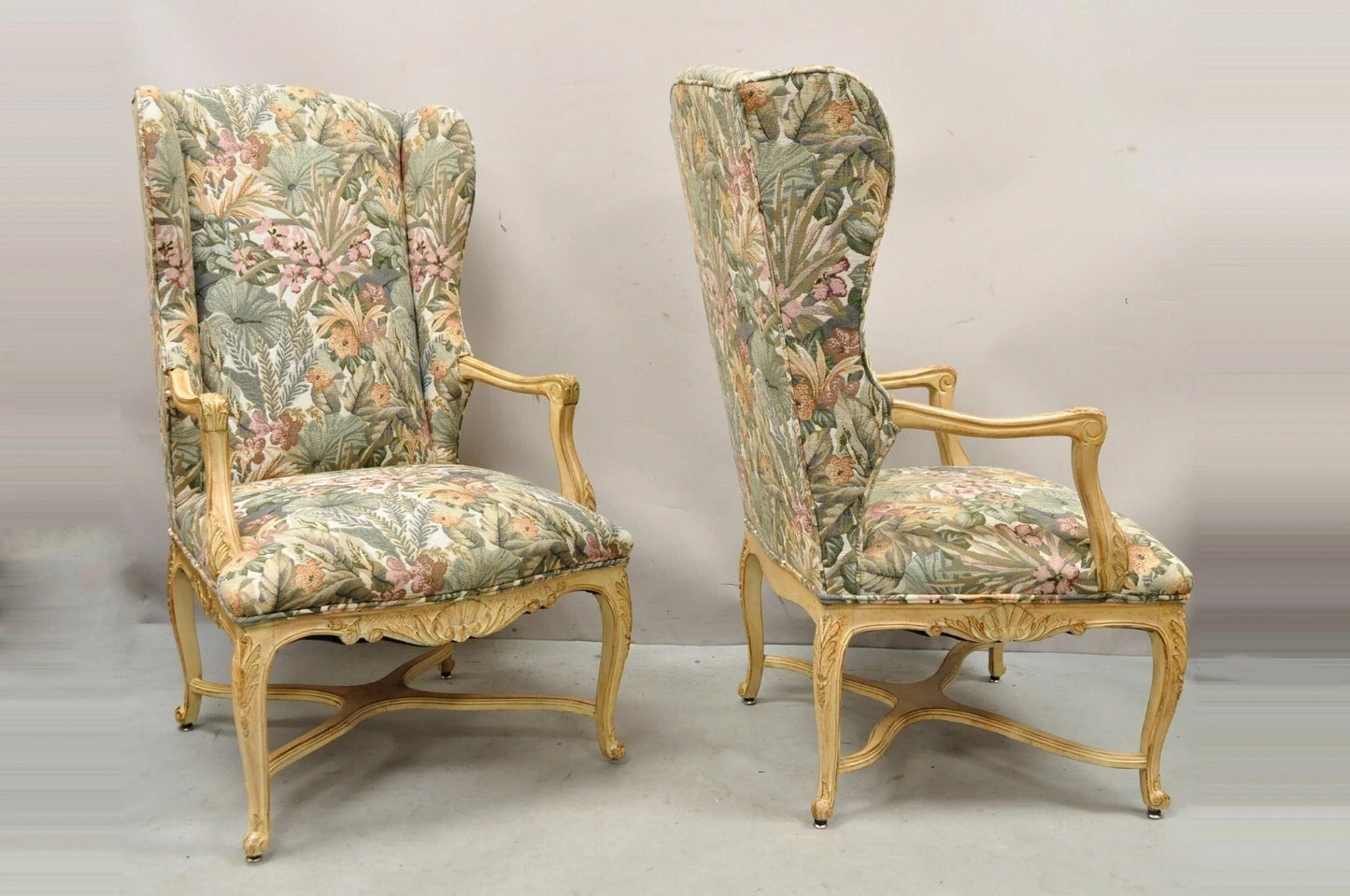 French Country Provincial Louis XV Style Upholstered Wingback Lounge Chairs Pair