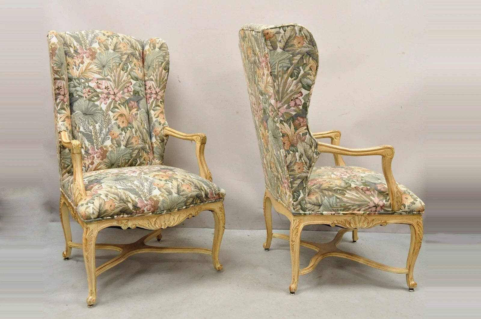 French Country Provincial Louis XV Style Upholstered Wingback Lounge Chairs Pair