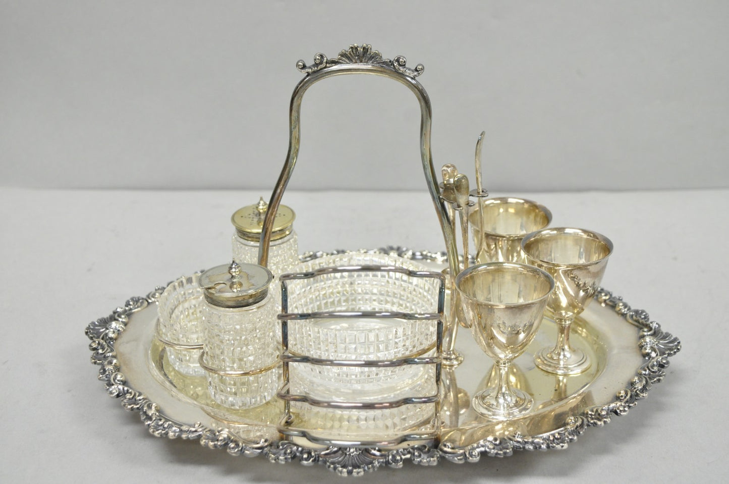 Antique Victorian Silver Plated Footed Cut Glass Breakfast Set Toast Rack w Tray
