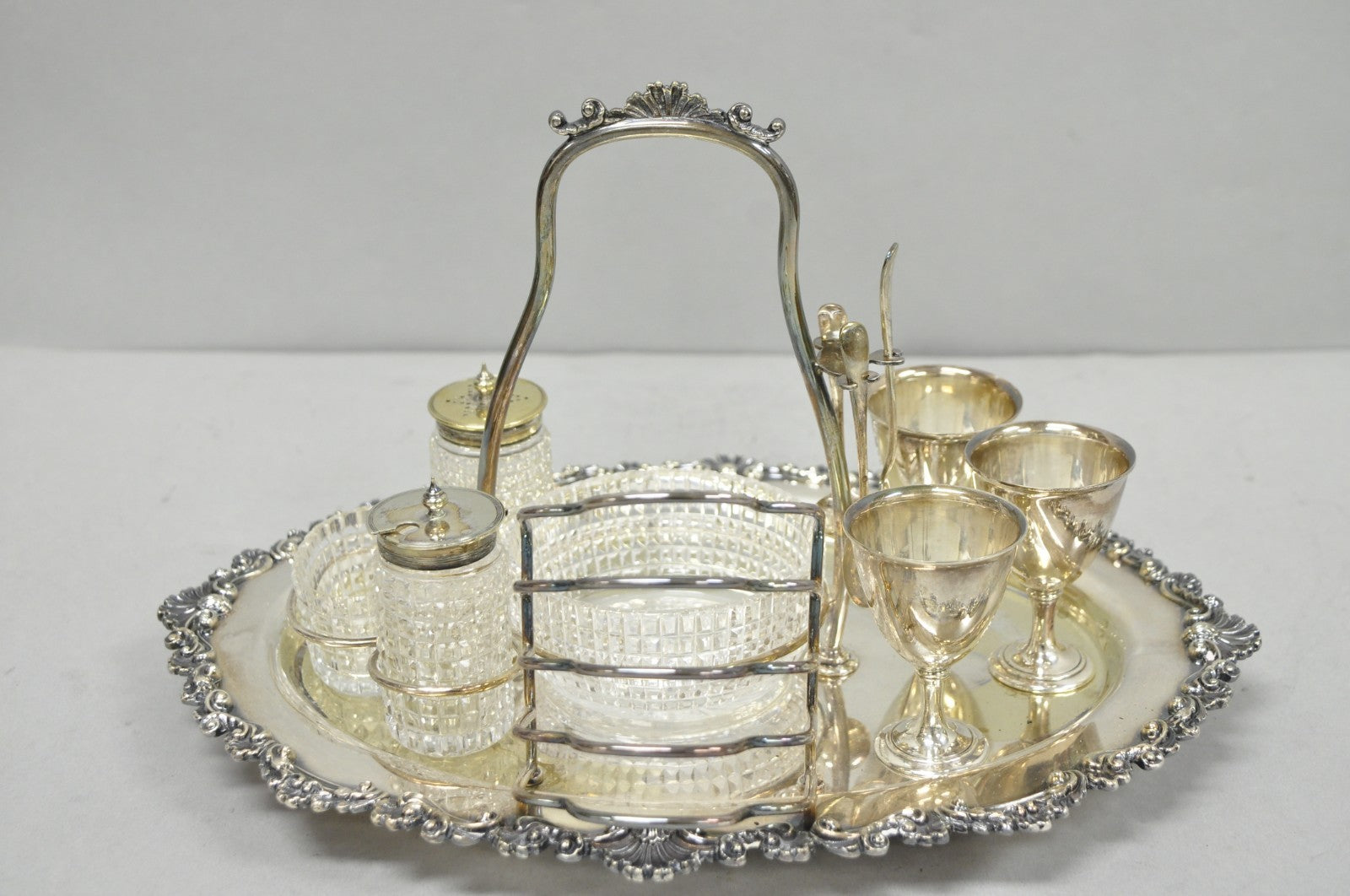 Antique Victorian Silver Plated Footed Cut Glass Breakfast Set Toast Rack w Tray