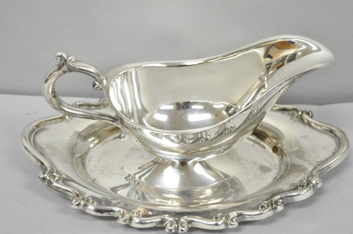 Vintage FB Rogers Silver Plated Victorian Gravy Sauce Boat w/ Attached Dish