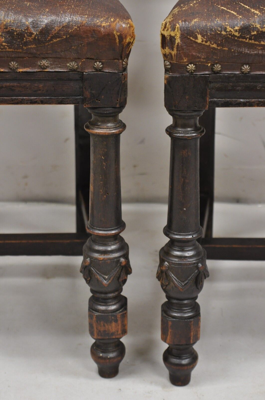 Antique Spanish Renaissance Carved Oak Wood Figural Leather Side Chairs - a Pair