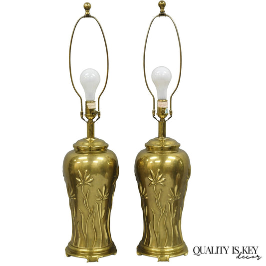 Vintage Ethan Allen Brass Jardiniere Tulip Flower Chinoiserie Table Lamps a Pair
