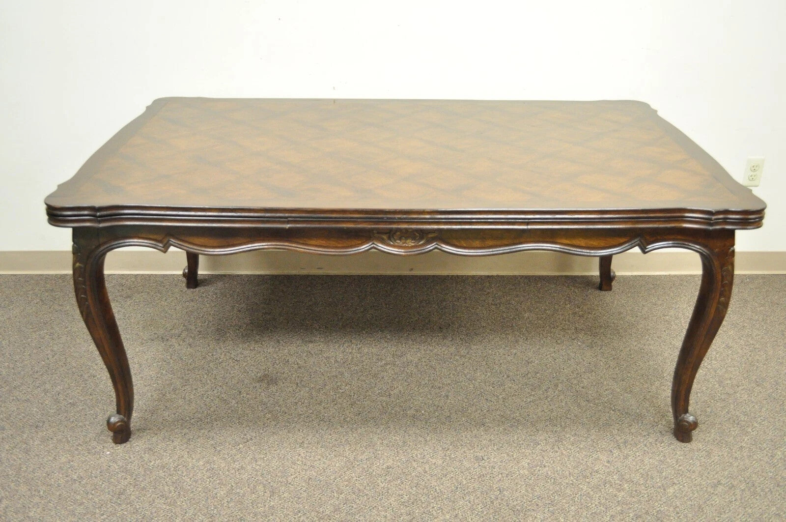 Vintage French Country Oak Parquetry Inlay Refectory Extension Leaf Dining Table