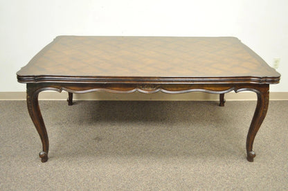 Vintage French Country Oak Parquetry Inlay Refectory Extension Leaf Dining Table