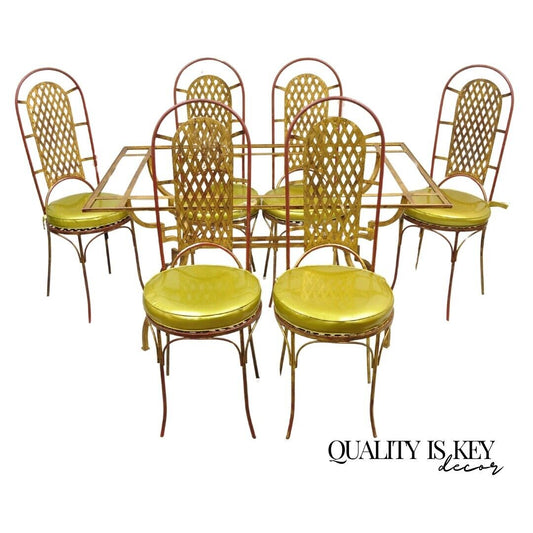 Vintage Italian Hollywood Regency Iron Gold Gilt Lattice Dining Set - 7 Pc Set