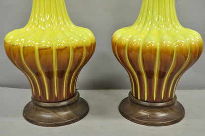 Vintage Mid Century Modern Yellow Brown Sculpted Ceramic Pottery Table Lamp Pair