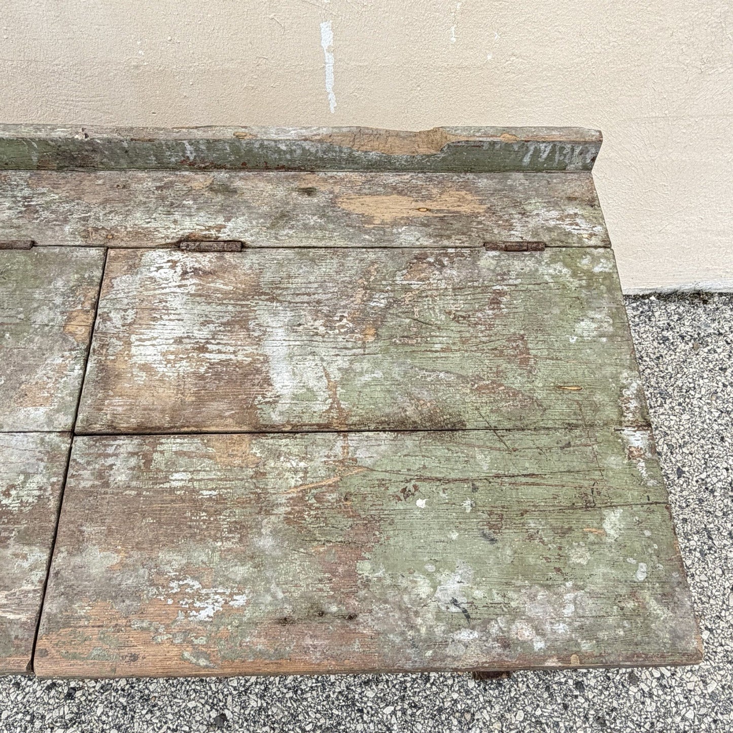 Antique French Primitive Rustic Green Distress Painted Flip Top Wood School Desk