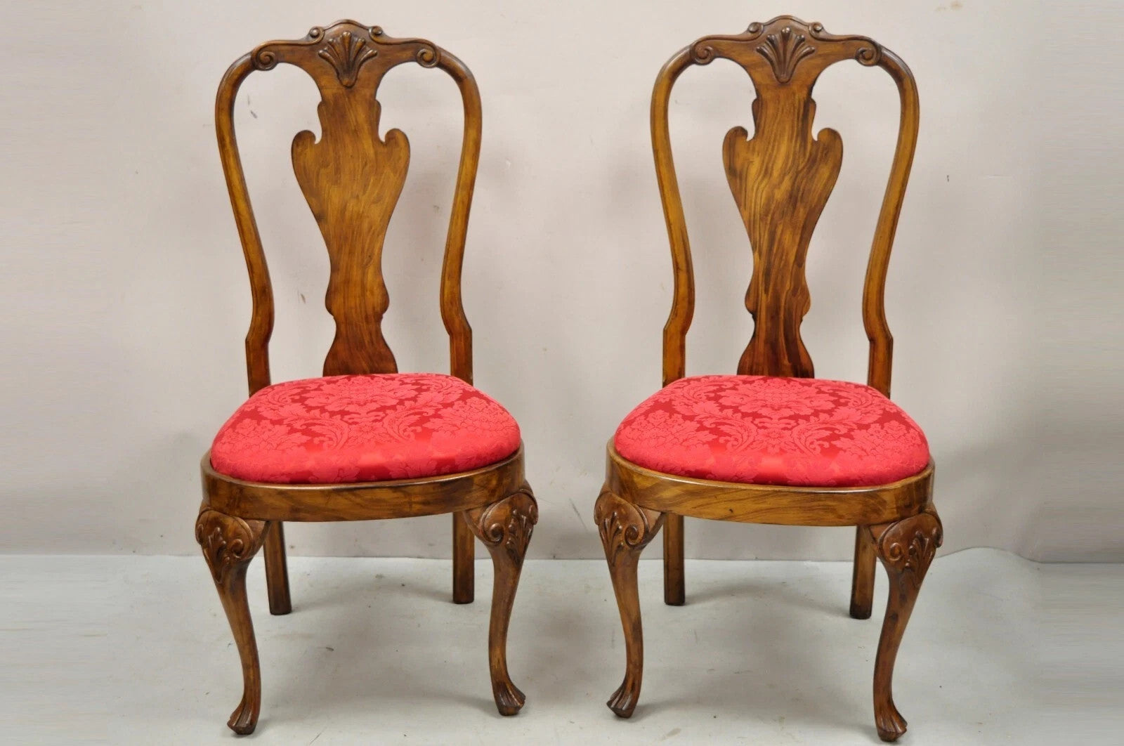 Vintage English Queen Anne Shell Carved Solid Wood Dining Side Chairs - Set of 8