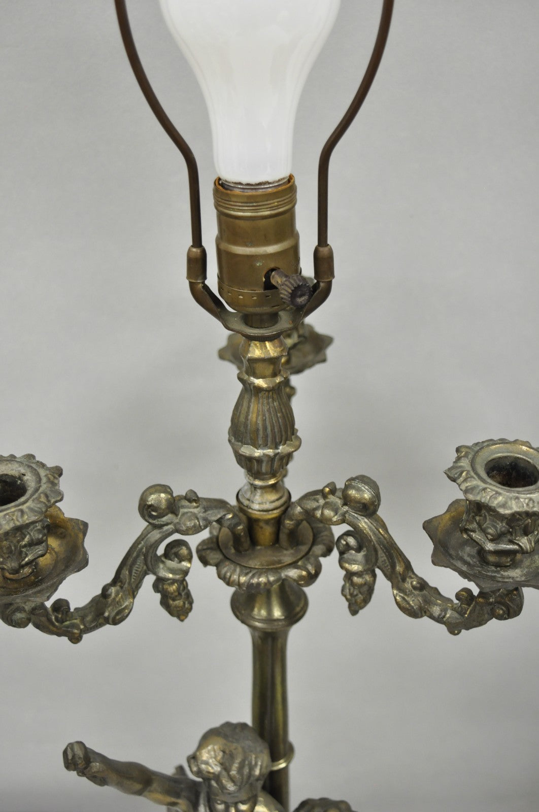 French Renaissance Figural Spelter Metal Cherub Candelabra Table Lamps - a Pair