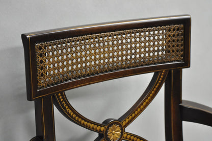 Vintage English Regency Style Mahogany Saber Leg Cane Back Arm Chairs - a Pair