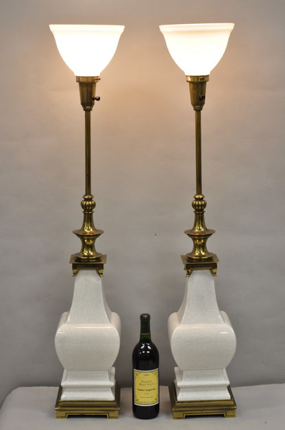Stiffel Hollywood Regency Tall Crackle Glazed Ceramic & Brass Table Lamps a Pair
