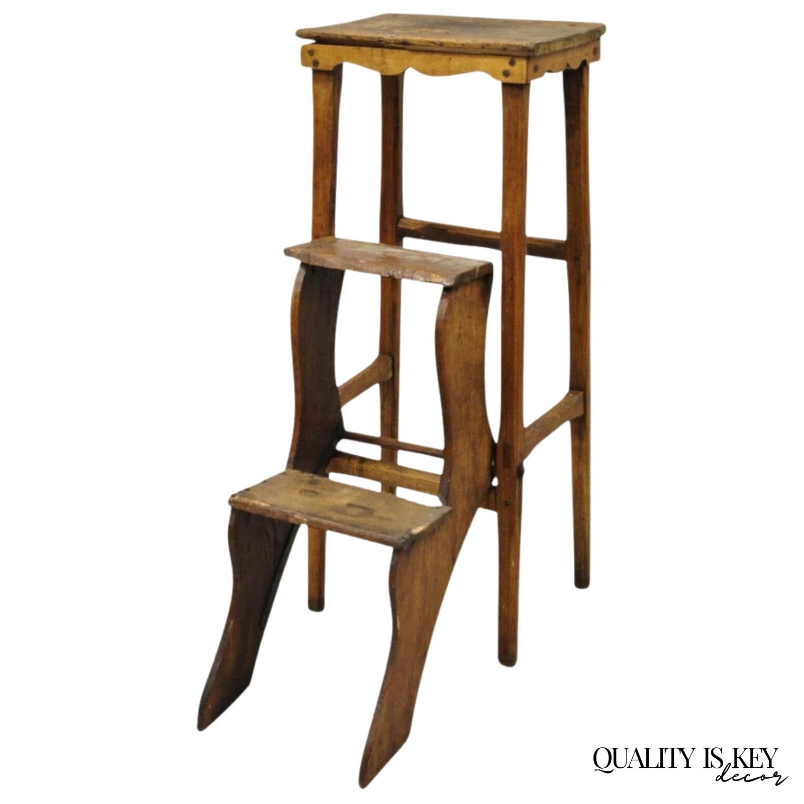 Antique French Provincial Country Oak Wood Folding Library Step Ladder