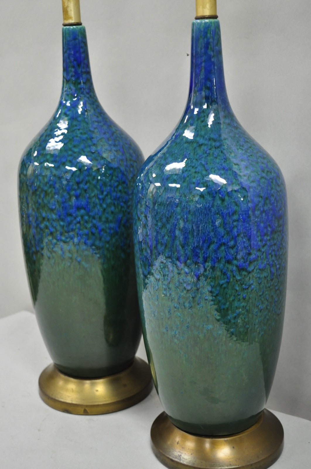 Mid Century Modern Blue & Green "Peacock" Glazed Ceramic Pottery Table Lamp Pair
