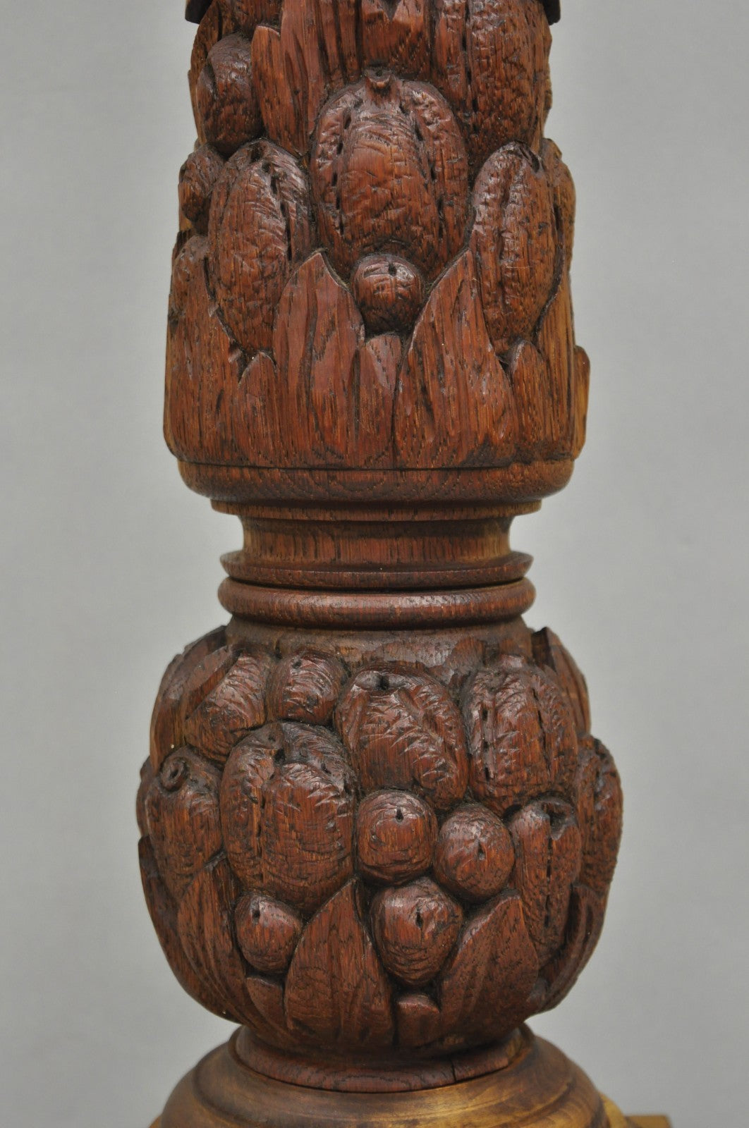 Antique French Country Reclaimed Harvest Carved Oak Wood Baluster Table Lamp