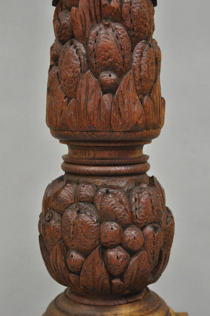 Antique French Country Reclaimed Harvest Carved Oak Wood Baluster Table Lamp