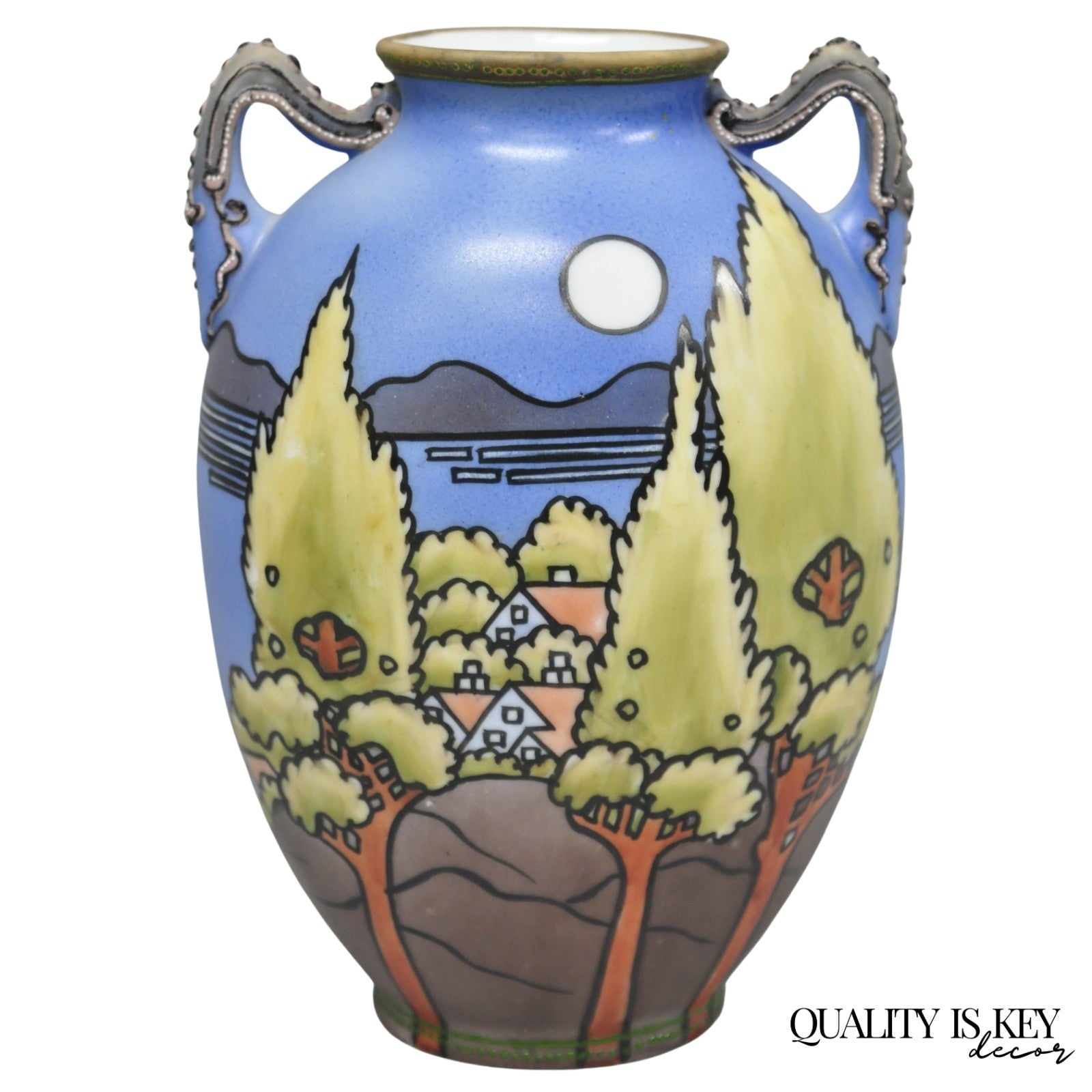 Antique Hand Painted Blue Nippon Porcelain Halloween Pattern Twin Handle Vase
