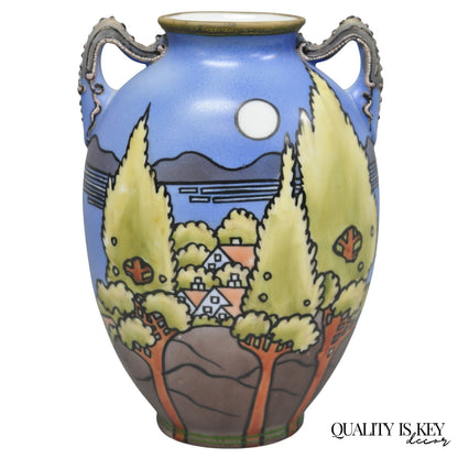 Antique Hand Painted Blue Nippon Porcelain Halloween Pattern Twin Handle Vase