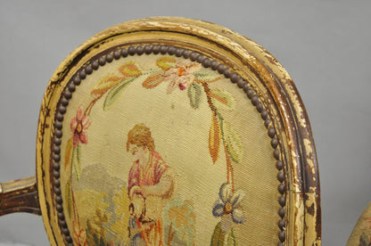 Antique French Louis XVI Style Aubusson Tapestry Fauteuil Arm Chairs - a Pair
