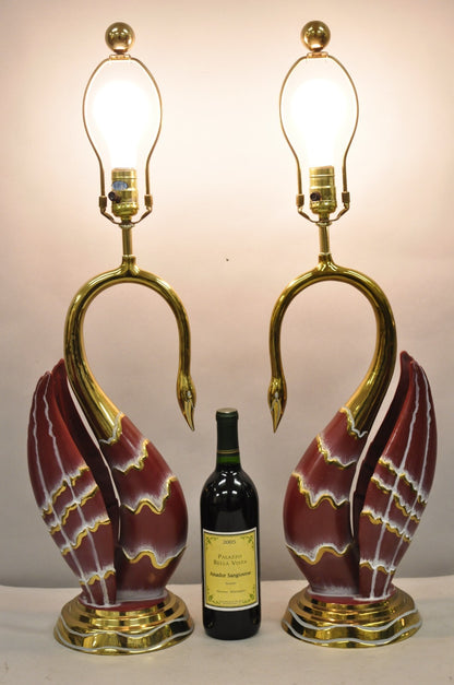 Vintage Art Nouveau Modern Brass Figural Swan Gold Red Table Lamps w Shades Pair