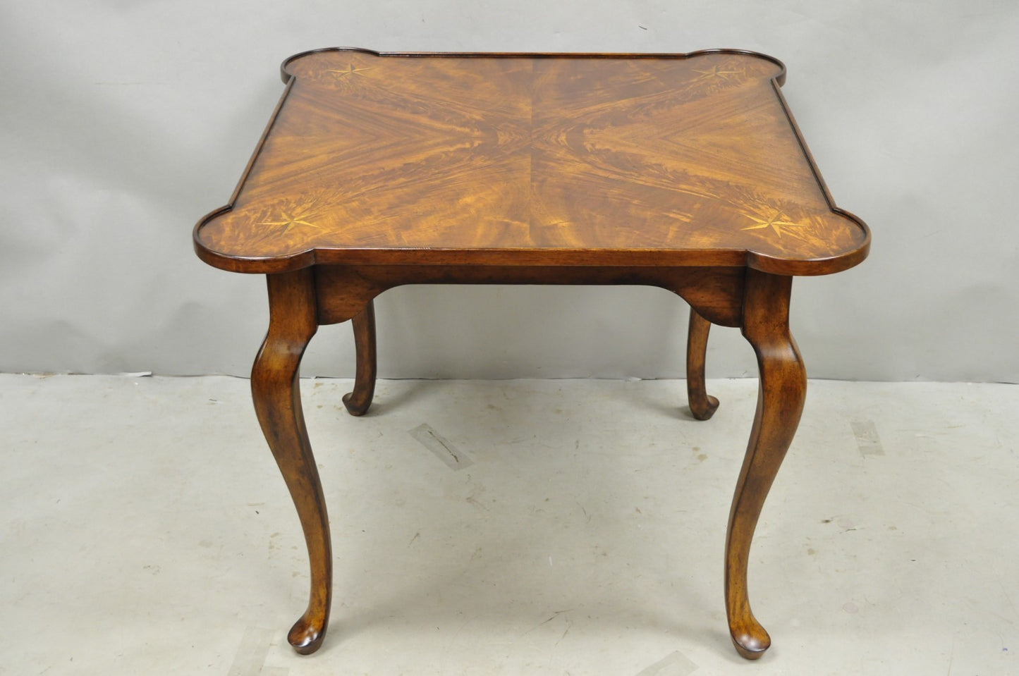 Contemporary Italian Regency Style Star Inlay Cabriole Leg Burl Wood Game Table