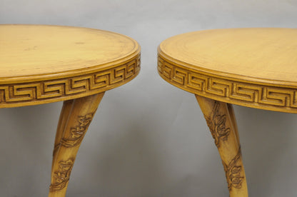 Vintage Italian Regency Round Leather Top Greek Key Carved Side Tables - a Pair