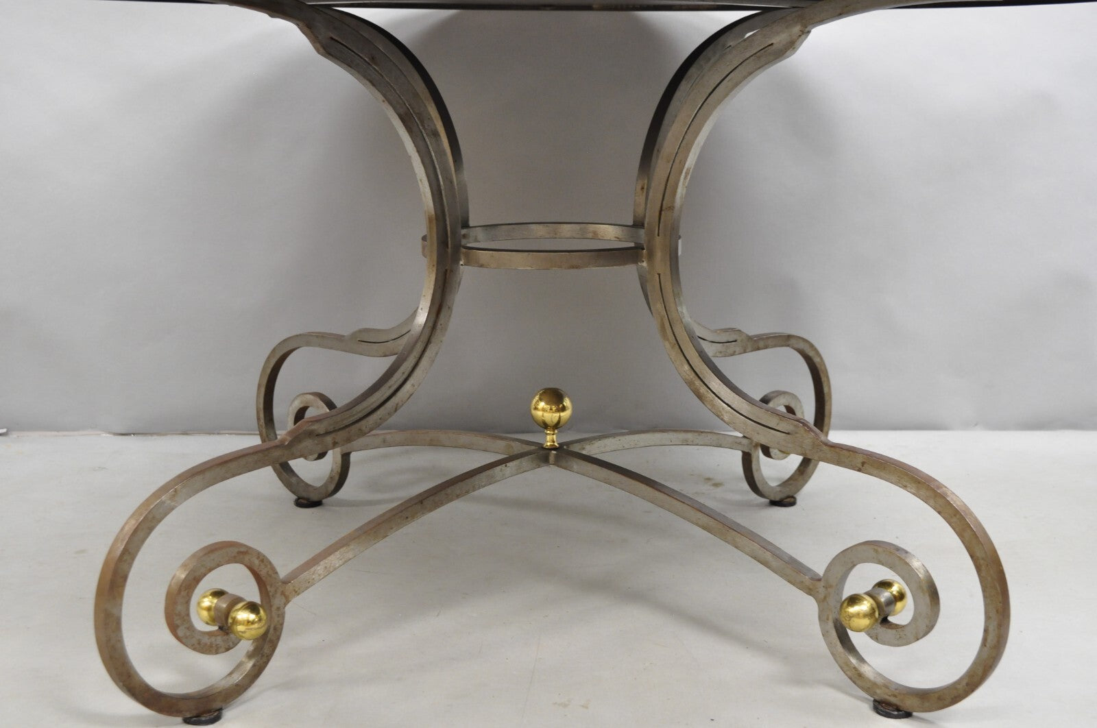 Vintage French Pastry Scrolling Steel and Bronze Neoclassical Round Dining Table