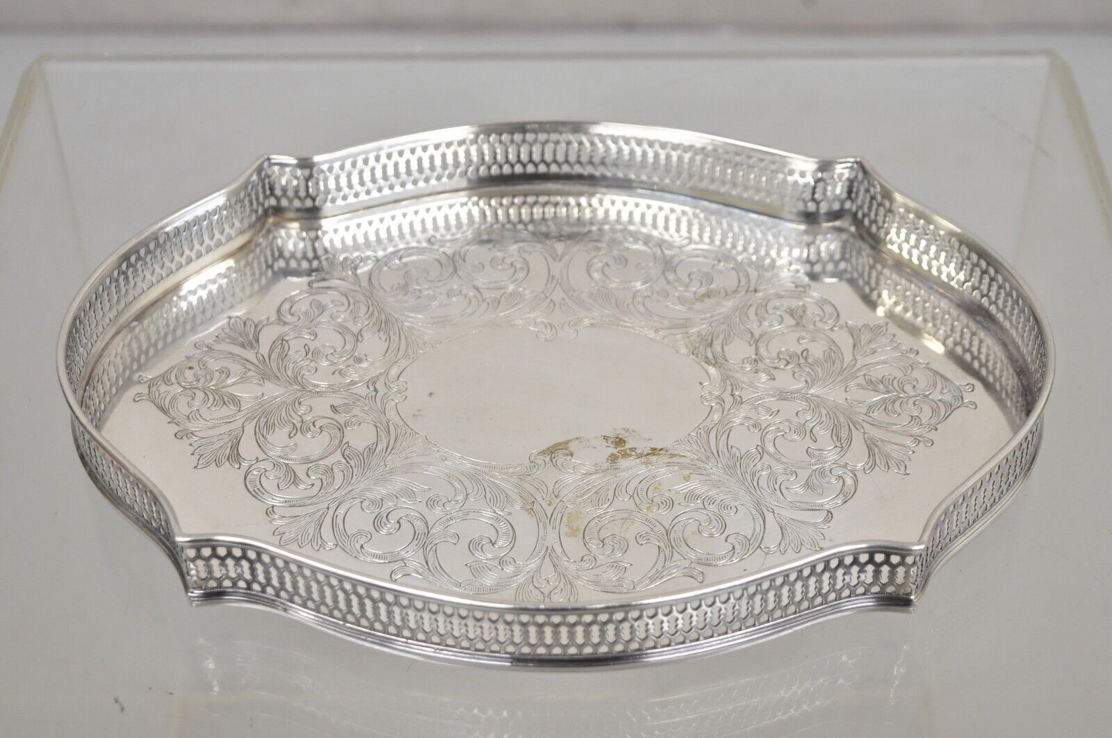 Vintage LBS Co Silver Plated Scalloped Trinket Dish Tray with Pierced Gallery