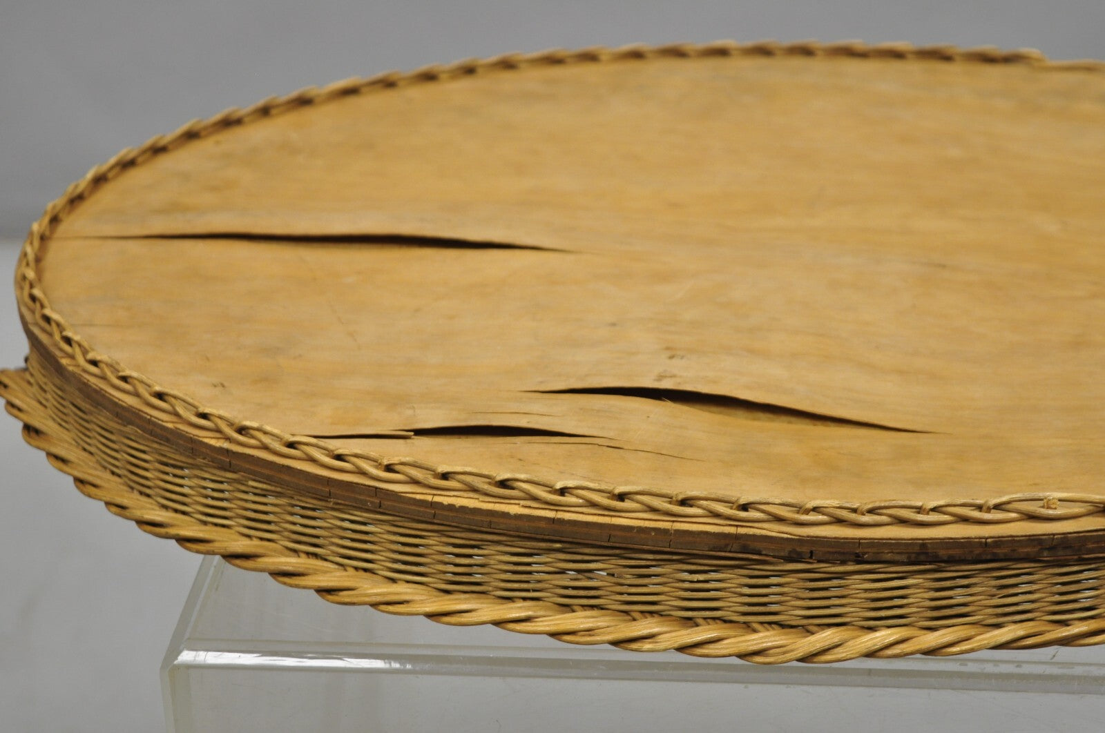 Antique French Victorian Wicker Pheasant Bird Tapestry Oval Bar Serving Tray