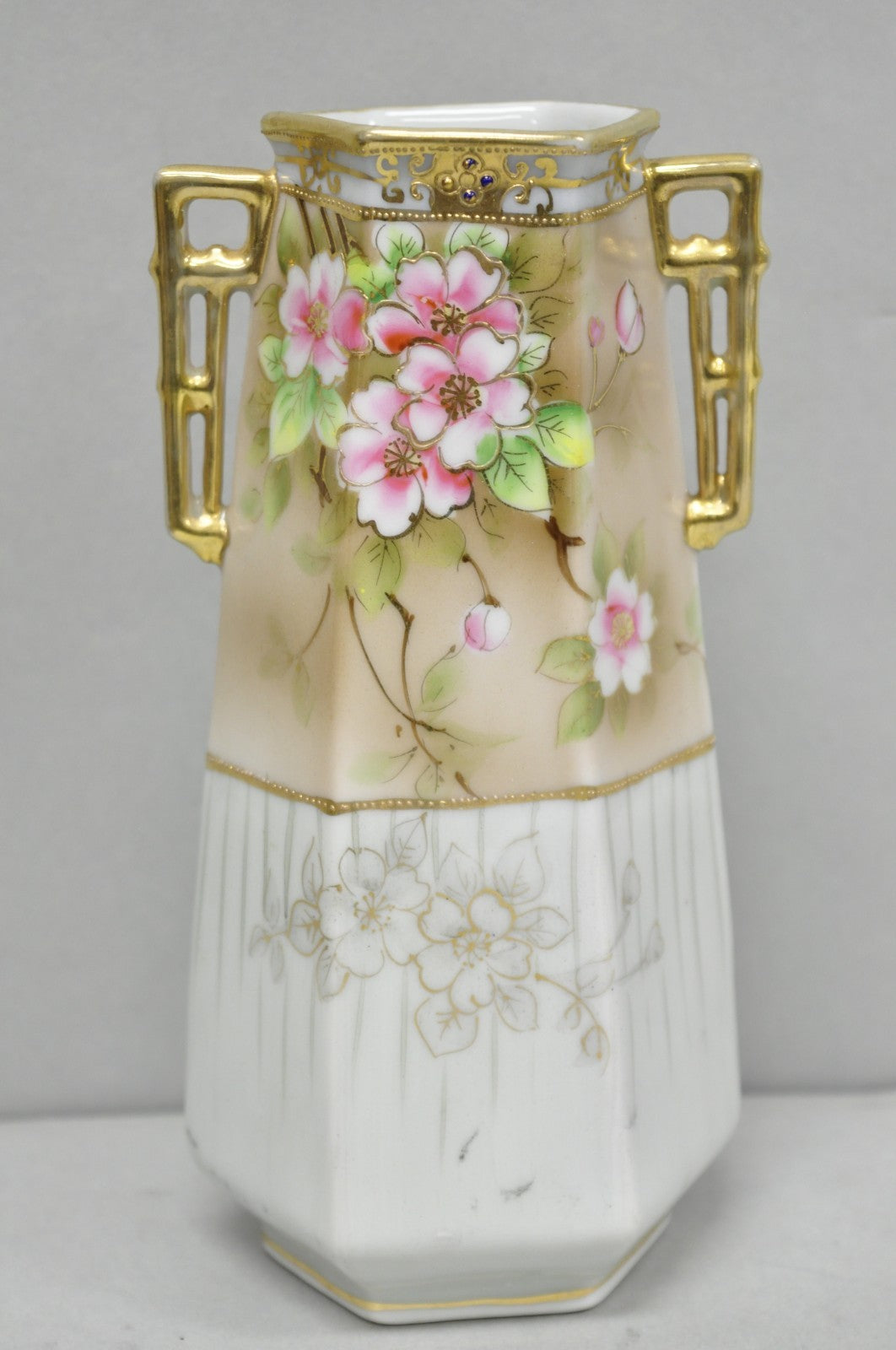 Antique Nippon Twin Handled Pink Hand Painted Porcelain Hexagon Gold Rimmed Vase