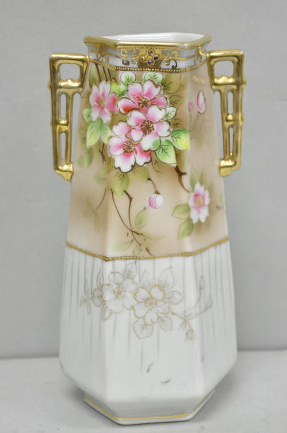 Antique Nippon Twin Handled Pink Hand Painted Porcelain Hexagon Gold Rimmed Vase