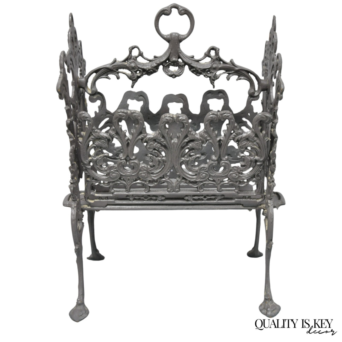 Vintage French Renaissance Victorian Style Cast Iron Magazine Rack with Cherubs
