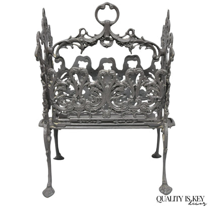 Vintage French Renaissance Victorian Style Cast Iron Magazine Rack with Cherubs