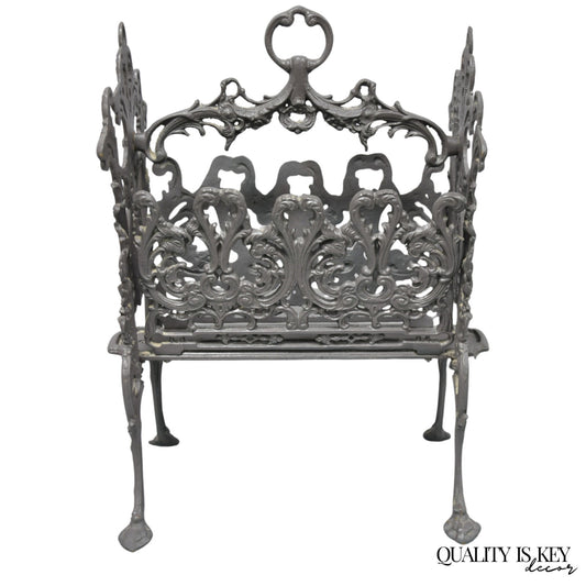 Vintage French Renaissance Victorian Style Cast Iron Magazine Rack with Cherubs