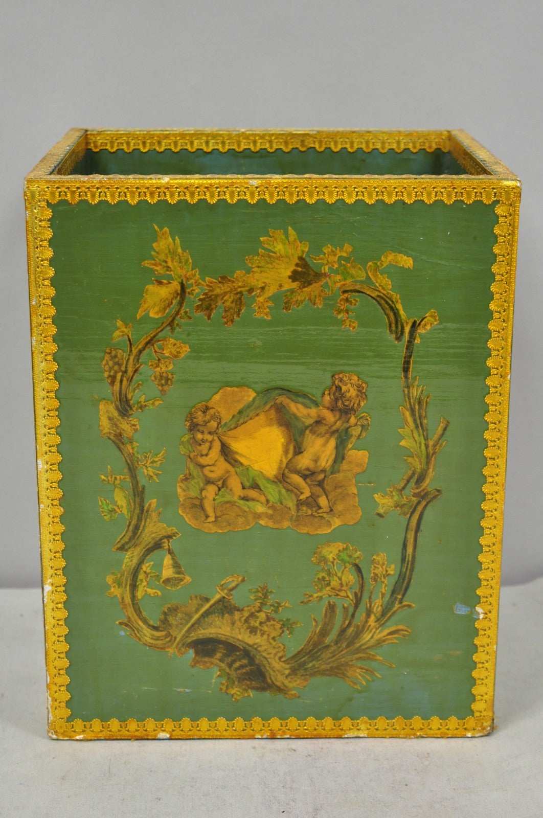Vintage Italian Venetian Decoupage Green Gold Papier Mache Wastebasket Trash Can
