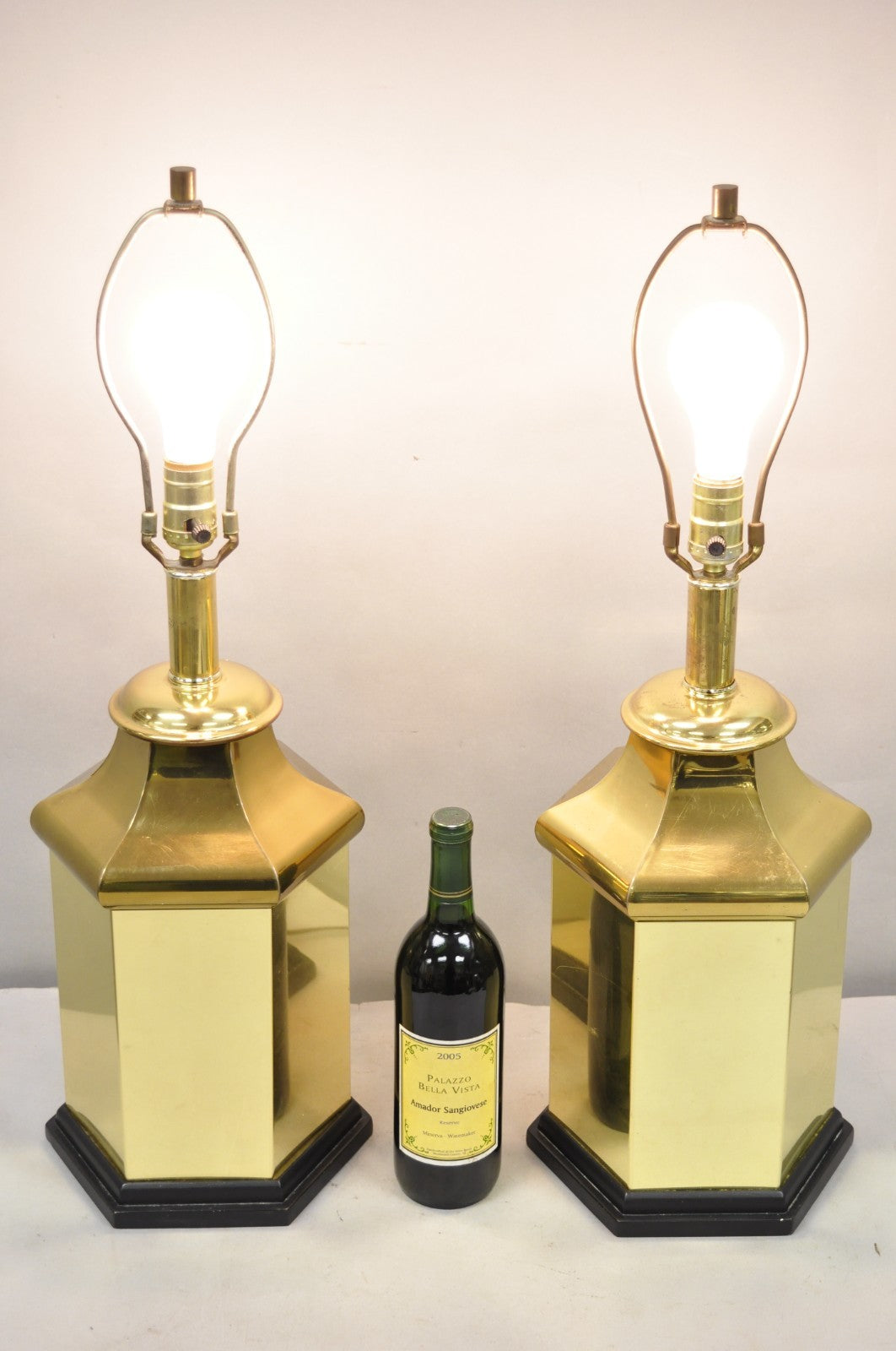 Vintage Chinoiserie Brass Hexagonal Oriental Ginger Jar Table Lamps - a Pair