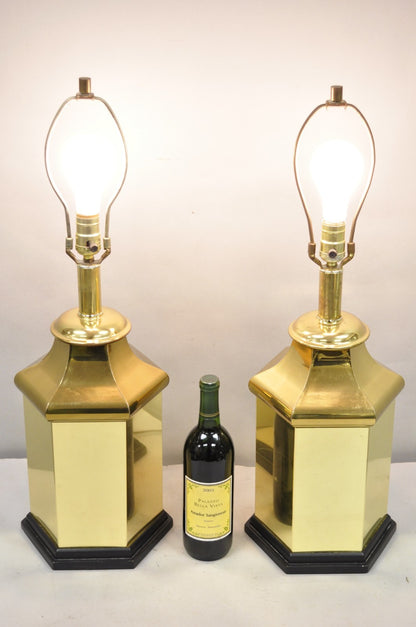 Vintage Chinoiserie Brass Hexagonal Oriental Ginger Jar Table Lamps - a Pair