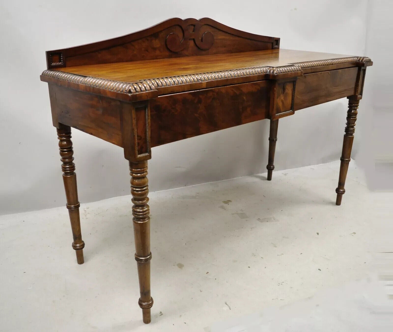 Antique English Regency Carved Crotch Mahogany Sideboard Buffet Console Table