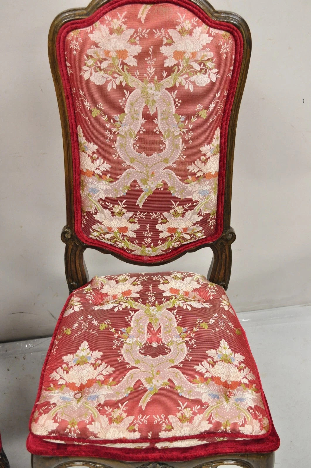 Vintage Italian Regency Style Carved Walnut Red Fabric Dining Chairs - Set of 6