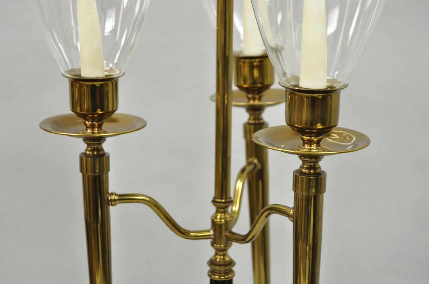 Tommi Parzinger Style Mid Century Modern Tall Brass Hurricane Shade Candelabra