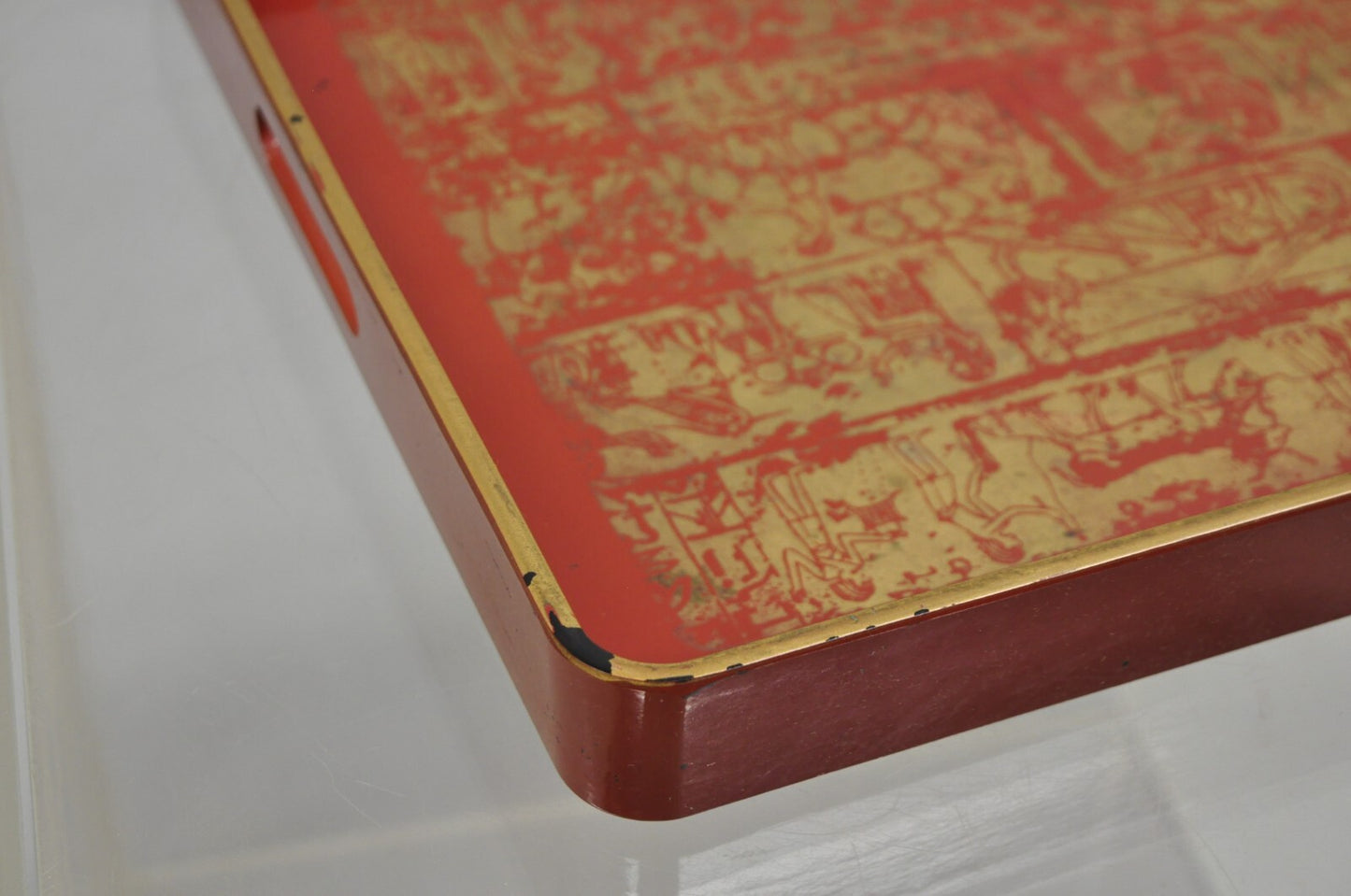 Red Lacquered Wood Ancient Egyptian Hieroglyphic Gold Papyrus Square Bar Tray