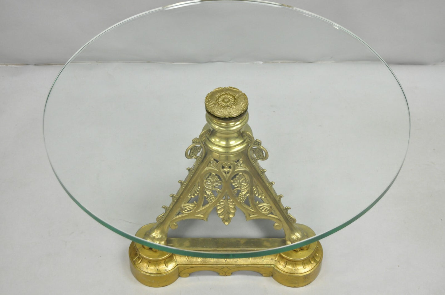 French Empire Renaissance Bronze Paw Foot Pedestal Base Round Glass Coffee Table