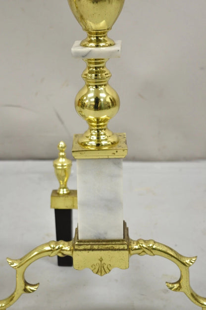 Vintage Brass Urn & Marble Federal Style Branch Leg Fireplace Andirons - a Pair