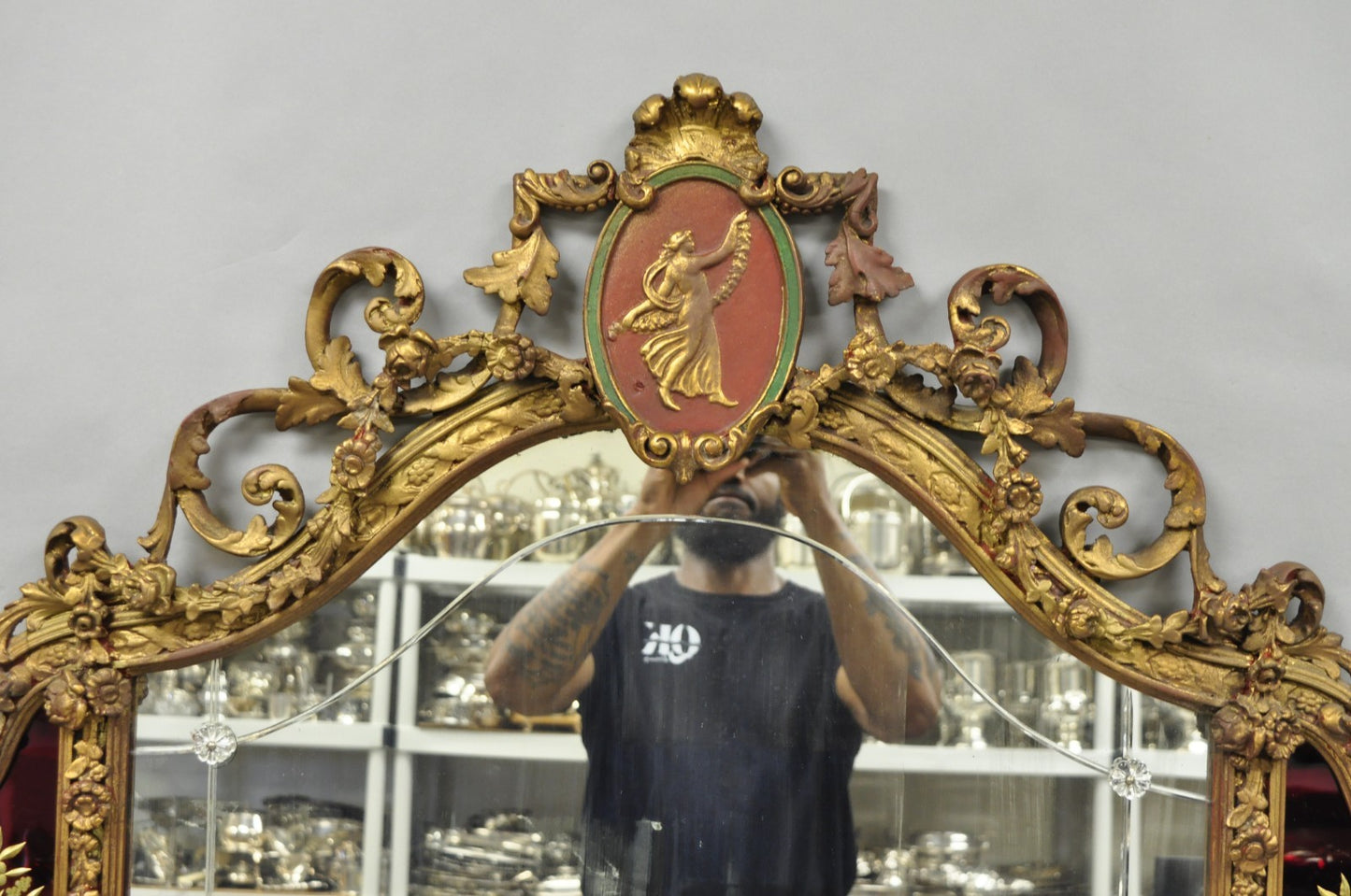 Antique French Neoclassical Baroque Gold Gilt Gesso Red Glass Frame Wall Mirror
