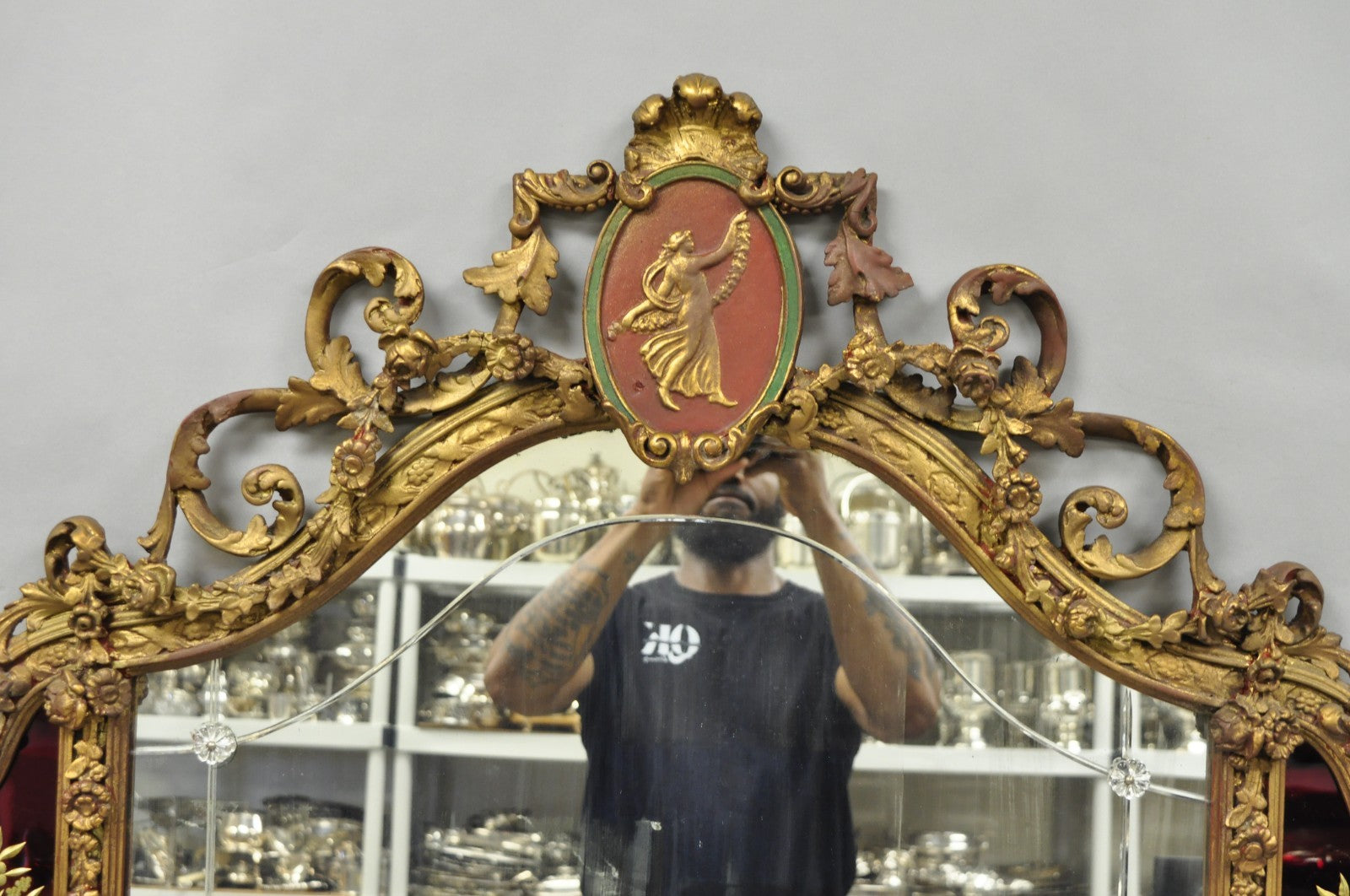 Antique French Neoclassical Baroque Gold Gilt Gesso Red Glass Frame Wall Mirror