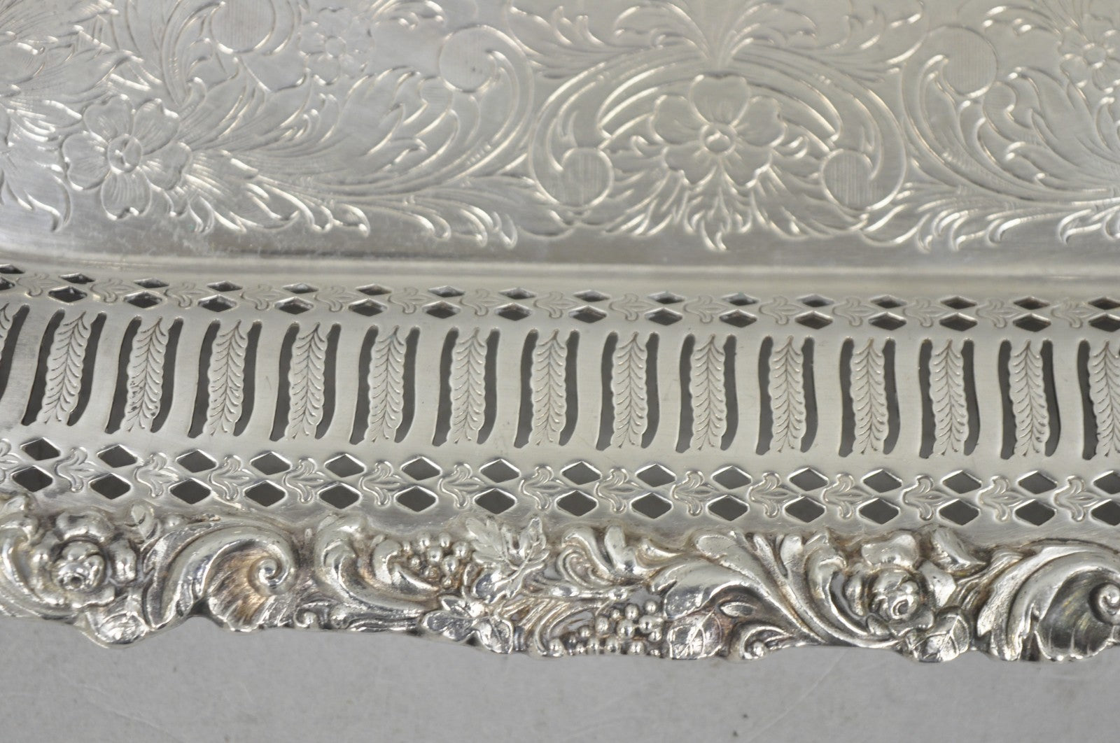 Vintage International Silver Victorian Repousse Pierced Gallery Square Bar Tray