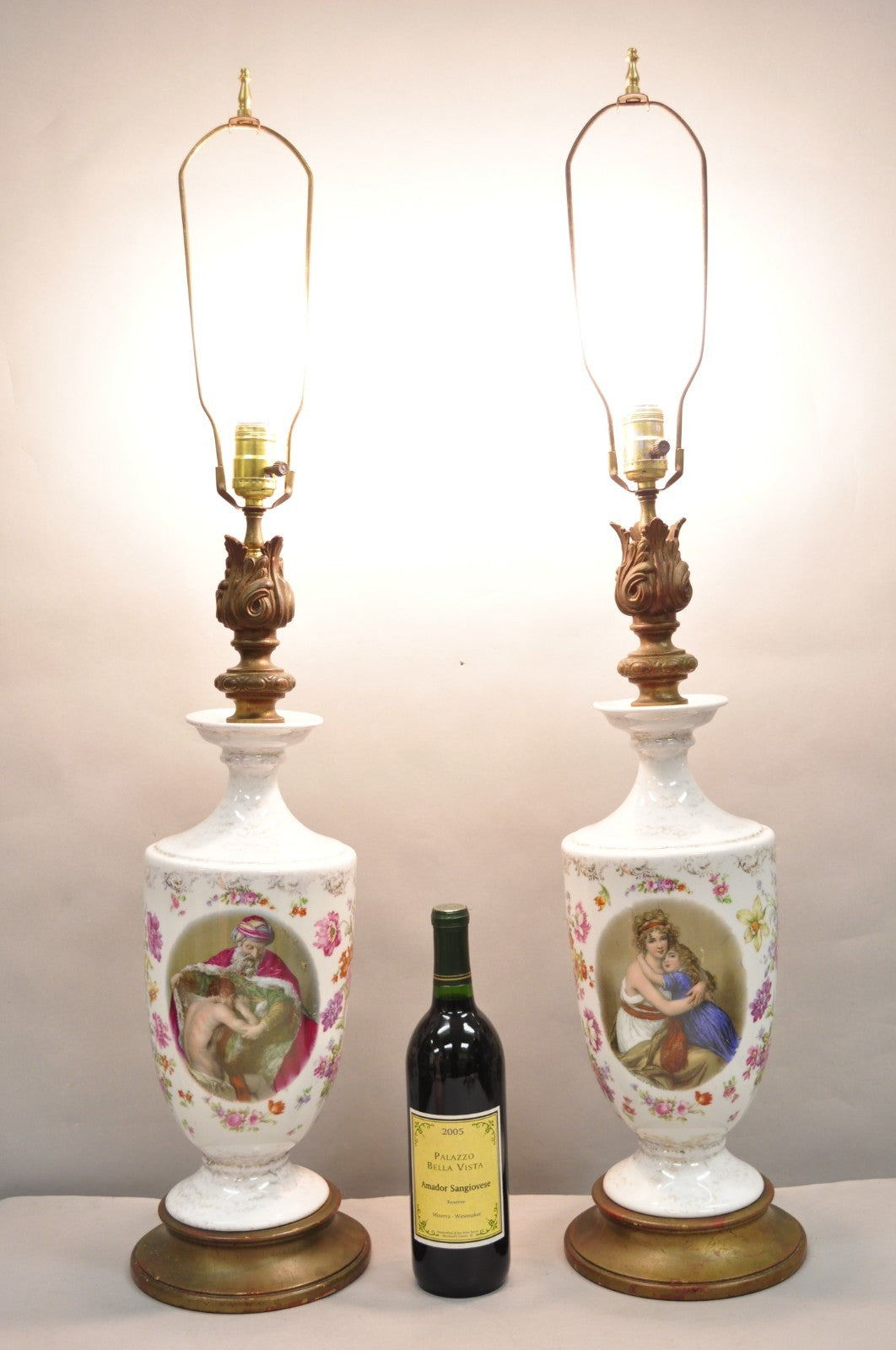 Antique French Renaissance Victorian Porcelain Urn Figural Cameo Table Lamp Pair