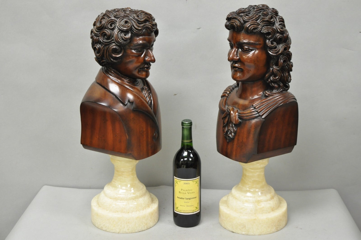 Classical Maitland Smith Style Carved Mahogany Wood Bust on Alabaster - a Pair