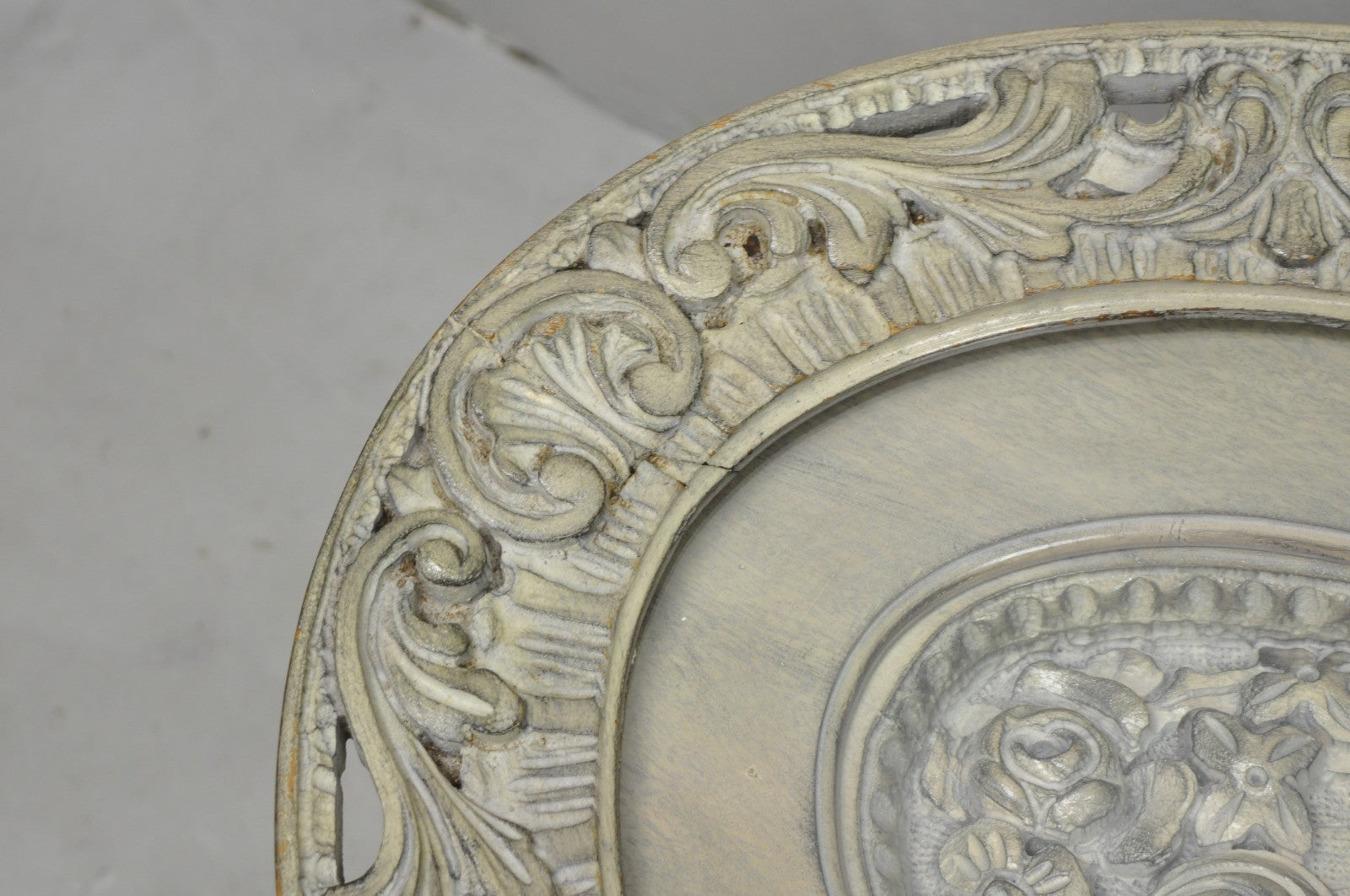 Vintage French Renaissance Walnut Gray Distress Painted Cherub Coffee Table