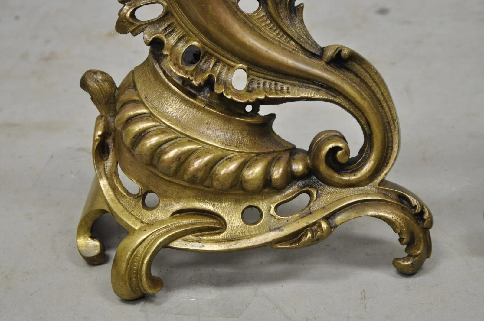 Vintage French Rococo Bronze Acanthus Leafy Scroll Fireplace Andirons - a Pair